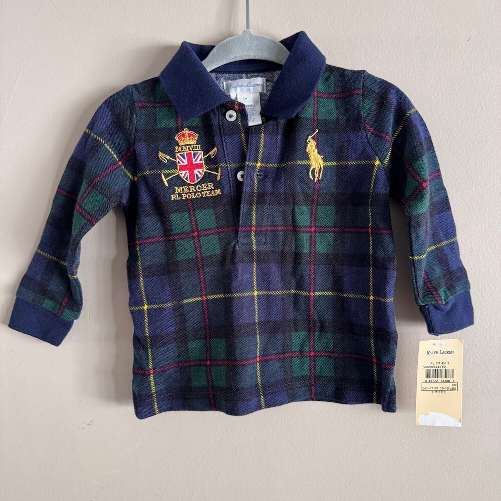 Ralph Lauren Polo Rugby Shirt Navy Blue Plaid Tartan Baby 6 Months NEW